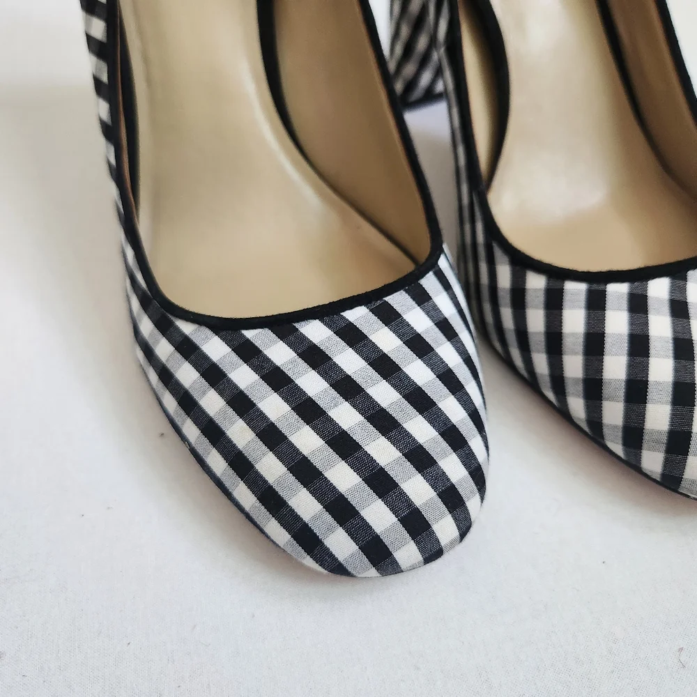 Ann Taylor gingham block heel‎ pumps heels shoes black white round toe 8.5